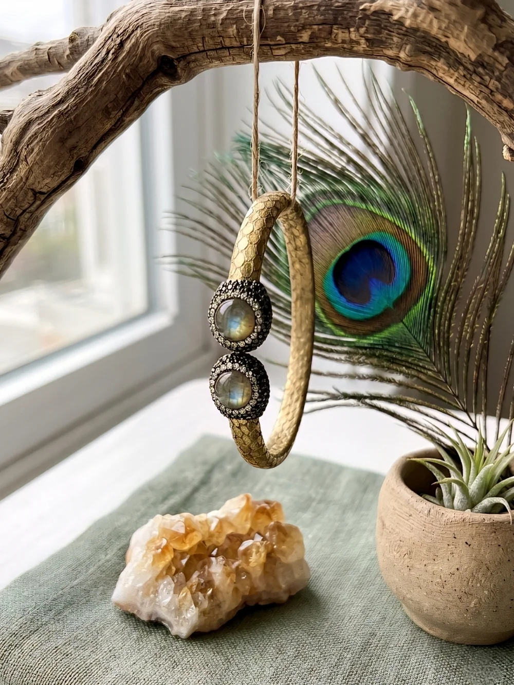 Golden Python Leather Labradorite Open Cuff Bracelet Artisan Statement Jewelry